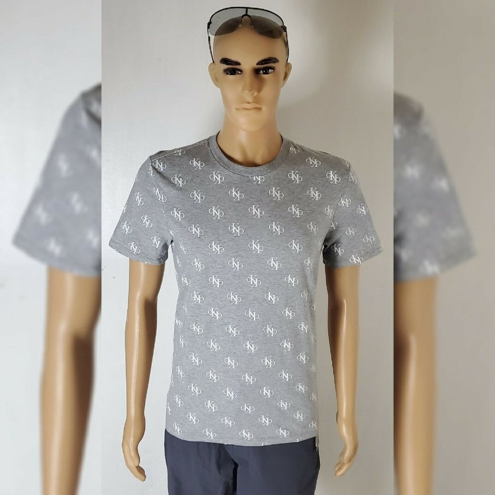 CALVIN KLEIN SHORT SLEEVE MONOGRAM SLUB KNIT TEE MEN'S CREW NECK  GREY